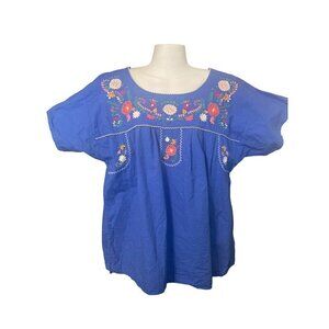 Unik Blue Embroidered Short Sleeve Cotton Puebla Boho Top Blouse Women's XL VGC